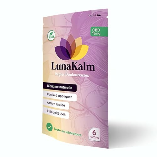 Lunakalm - Patchs CBD Règles douloureuses - 15mg de CBD par patch - 6 Patchs par sachet - Action Rapide - Efficacité 24h - D'origine Naturelle - Vegan