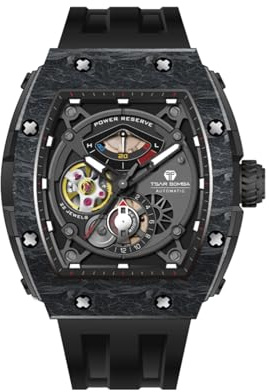 TSAR BOMBA Orologi da uomo meccanici automatici da uomo, orologio analogico con scheletro, orologio Tonneau, lunetta in fibra di carbonio, orologio alla moda con cassa in cristallo zaffiro luminoso