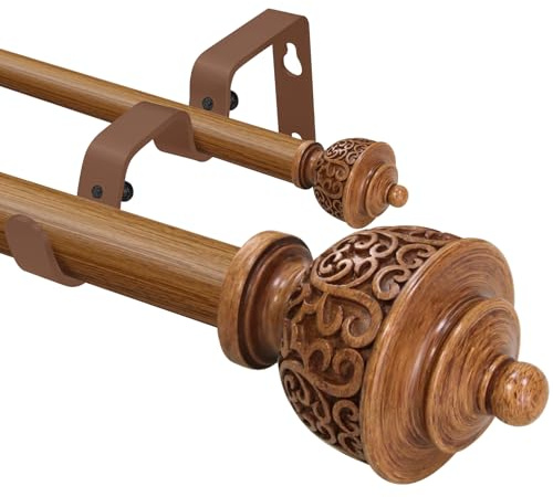 1 Inch Simulated Wood Double Curtain Rod with Vintage-style Finials-Tension Curtain Rods 48-84 Inchs for Bedroom&Home Decor