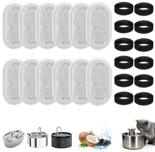 Wozzies kattfontänfilter, 24-pack ersättningsfilter för dricksfontäner, 12 kolfilter och 12 skumfilter, kattfontäner i rostfritt stål, för automatiska smarta fontäner på 3,2 l och 2 l