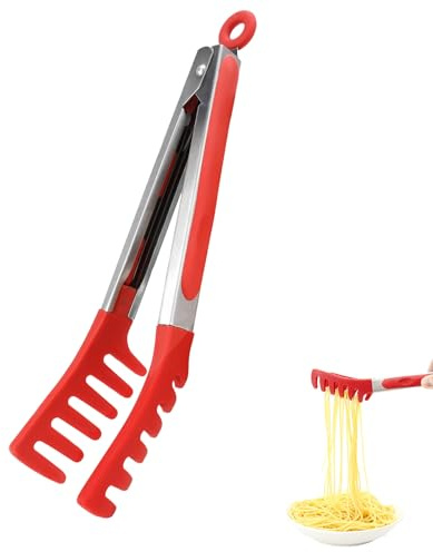 Grill- & Küchenzange, 23 cm - Edelstahl mit Hitzebeständigen Silikon-Köpfen (bis 300°C), Sicherer Griff für Grillen & Kochen,Rot