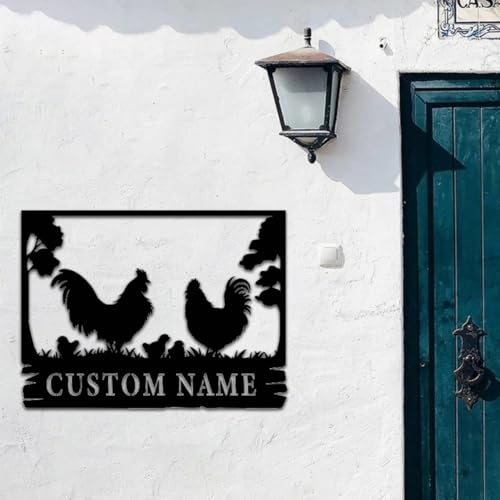 Custom Chicken Coop Name Metal Wall Sign, Personalized Chicken Farming Plate for Lake Beach Marsh Pond House Home Room Foyer Lodge Cottage Porch Ranch Camp Garden, Rooster Inside Outside Plaque.