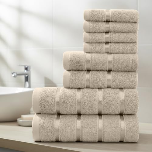 Casabella Towels Set - 8 Pc Towels for Bathroom - Bath Towel Set 100% Cotton - 2 Bath Towels, 2 Hand Towels, 4 Face cloth - Quick Dry Hotel Quality Bathroom Towels Bale Set Beige