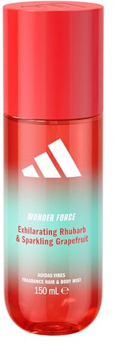 adidas Vibes Wonder Force Brume Parfumée Cheveux et Corps 90 ml, notes de rhubarbe et pamplemousse, parfum pour femme, longue tenue, parfum sportif, format voyage