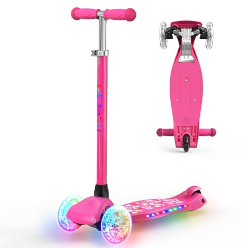 TONBUX Monopattino Bambini 3-8 Anni, Monopattino per Bambini con Colonna, Ruote e Vassoio Luminoso, Vassoio Metallico Rinforzato, Altezza Regolabile 65-80 cm, Freno Posteriore Reattivo, Lean to Steer