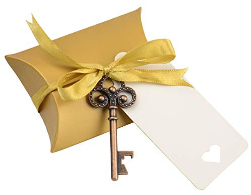 Makhry 50pcs Favor de la Boda Souvenir Pillow Candy Box Set de Regalo Vintage Llave Maestra Abrebotellas (Cobre)