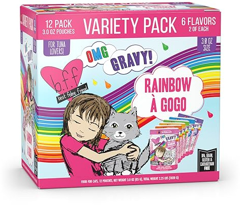 Weruva B.F.F. OMG - Best Feline Friend Oh My Gravy!, Rainbow A Gogo Variety Pack! Cat Food, 3oz Pouch (Pack of 12)