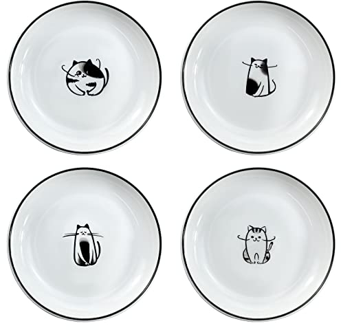 WAIT FLY 5 Inches Funny Dog and Cat Pattern with Brush Strokes Ceramics Seasoning Dishes/Tea Bag Holders/Ketchup Saucer/Appetizer Plates/ Seasoning Dipping Bowls, Set of 4