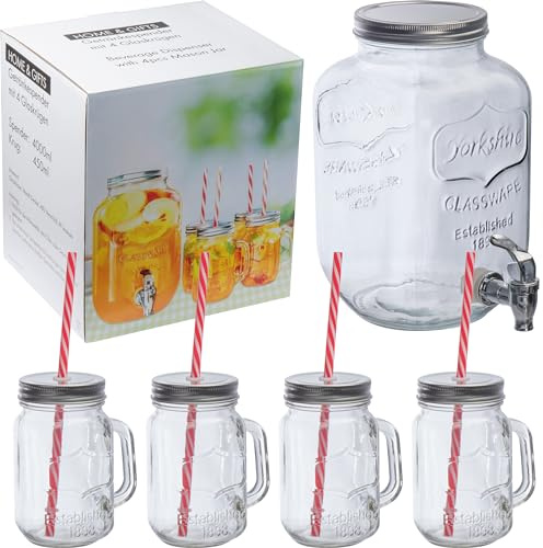 Getränkespender aus Glas mit auslaufsicherem Zapfhahn 4 Liter Inhalt im Retrostyle mit 4 Oma Trinkgläsern aus Echtglas 450 mL mit Deckel und MehrwegTrinkhalm im Streifenlook
