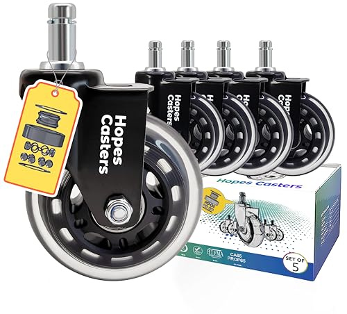HOPES Office Chair Wheels Replacement Set of 5 – Heavy Duty Rubber Casters, Smooth & Quiet Rolling for Hardwood Floors and Carpet, Universal Stem, No Floor Mat Needed (Black, 3inch-660lbs)