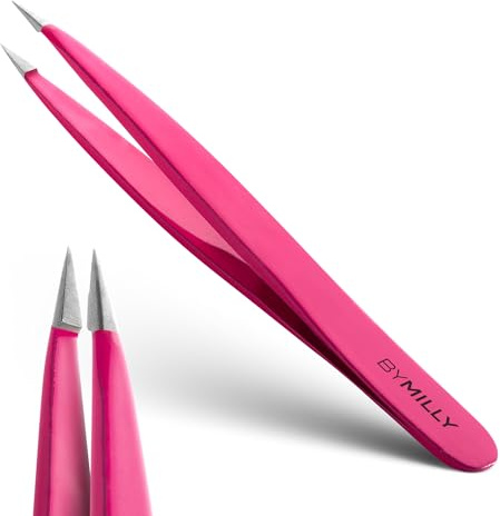 By MILLY Pointed Tweezers | High Carbon Stainless Steel Needle Nose | Fine Point Precision Hair Removal | Perfectly Aligned & Hand-Filed Sharp | Pink
