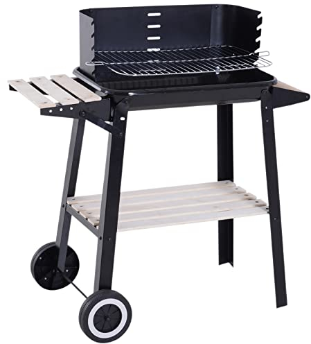 Outsunny Trolley Charcoal BBQ Barbecue Grill Outdoor Patio Garden Heating Smoker with Side Trays Storage Shelf and Wheels