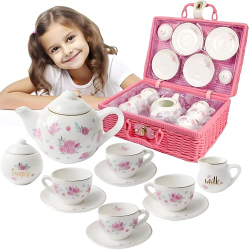 Jewelkeeper - Teuppsättning i porslin för småflickor med rosa picknickkorg, barnbestick, 13 delar - blomsterdesign