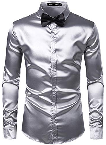 PARKLEES Camicia da uomo lucida slim fit in satin a maniche lunghe per il tempo libero e business, ideale per la sera e il nightclub, argento, S