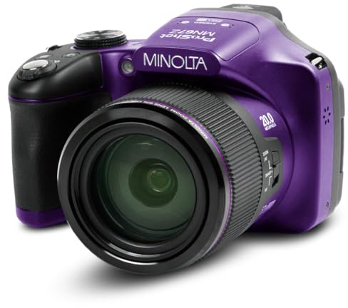 Minolta Pro Shot - Fotocamera digitale HD da 20 megapixel, zoom ottico 67x, video Full HD 1080p e scheda SD da 16 GB, colore: Viola