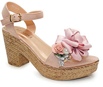 IVACHY Womens Wedge Ladies Summer Floral Sandal Espadrille Platform with Pearl Decoration Pink