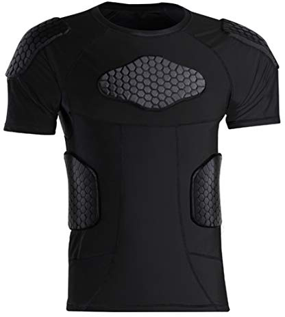 Mens Padded Shirt Short Sleeve Compression Protective T-shirt Baseball Team Shirt Rib Chest Shoulder Back Protector for Snowboarding Skiing Basketball Soccer Football Bicycle Paintball Training XXL