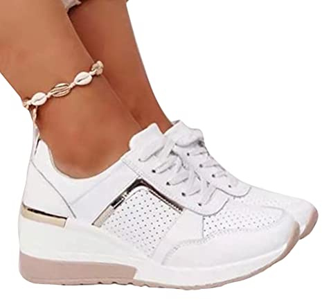 ORANDESIGNE Zapatillas con Cordones Mujer Casual Tacón de Cuña Zapatos Deportivas Caminar Transpirable Deporte Zapatos de Correr Running Sneakers Ligeras Zapato A Blanco 36 EU