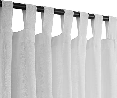 White Linen Semi Sheer Curtains Tab Top Light Filtering Elegant Curtains & Drapes for Living Room 52 x 84 Inch Length, Set of 2 Panels