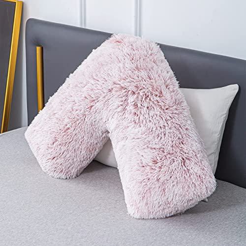 LSC Orthopedic V Pillow Soft & Fluffy Sherpa Teddy HUG & SNUG Fleece Pillows to Support Head, Neck and Back V-Shaped Nursing Pillow with Non-Allergenic Pillowcase (BABY PINK, 70 X 35 CM)