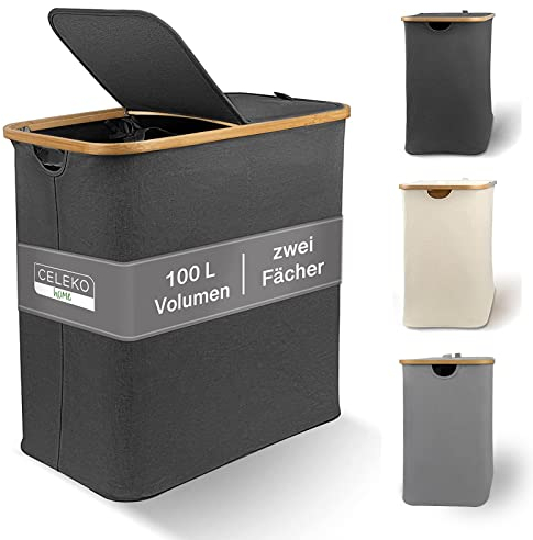 Wäschekorb 100L mit 2 Deckeln und 2 Fächern – Faltbarer Wäschesammler aus Bambus-Stoff Dunkelgrau – Wäschebox, Wäschetruhe, Wäschebehälter, Wäschetrenner für Bad, Schlafzimmer & Waschküche
