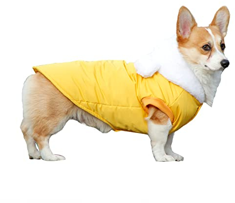 Haustier Jacke Hundebekleidung Wasserdicht Winter Warme Hundemantel Hundejacke mit Kapuze für Kleine Mittelgroße Hunde Winterjacke Gepolstert Welpen Weste Haustier Kleidung für Kaltes Wetter Gelb XL