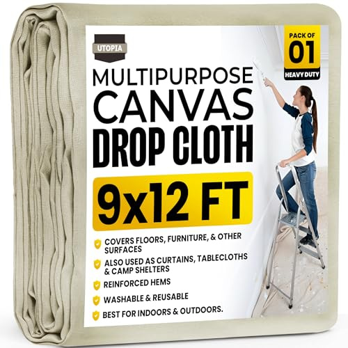 Utopia Drop Cloth for Painting (9x12 ft, 1 Pack) Washable and Reusable Drop Cloth for Painting, Furniture & Floor Protection Highly Absorbent Paint Cover - Thick Canvas Tarp for Outdoor and Indoor Use