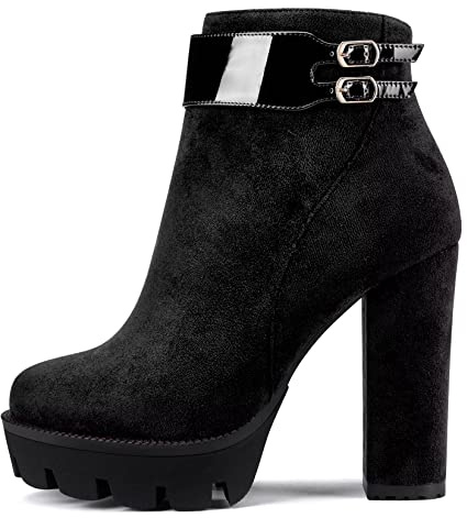 Castamere Femmes Bloc Chunky Plate-forme Haut High Talon Heel Fermé Rond Bout Bottines Fermeture à Glissière Classique Bottes Noir 39 EU