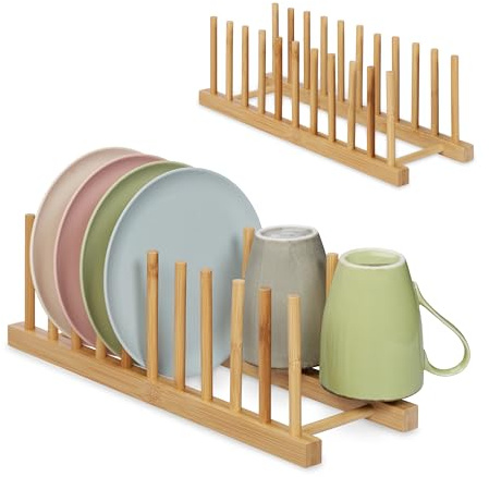 Relaxdays Tallriksställ set om 2, vardera för 10 tallrikar, grytlock, skärbrädor, bambudroppställ porslin, natur