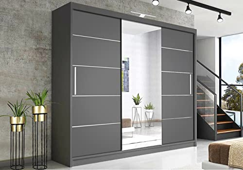RAC3 Wardrobes for Bedroom with Mirrored Sliding Door & LED Light Premium Wardrobe Storage with Sleek Design comes in Colours Black/White/Grey/Oak- Different Sizes from 120cm - 250cm (Grey, 250cm)