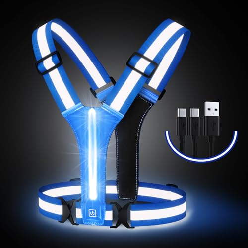 Simket LED Wiederaufladbare USB Lauflicht, Elastische Verstellbare Leuchtweste für Joggen Wandern oder Radfahren in der Nach (Blue)