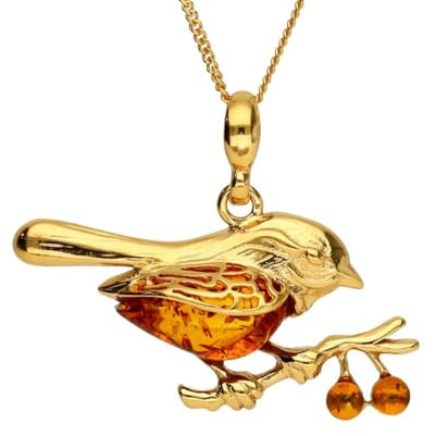 Kiara Jewellery Guldpläterat 925 sterling silver rödhårigt hänge på en gren med brun baltisk bärnsten på en 45,7 cm (16 tum) sterling silverkedja, Sterlingsilver, Bärnsten