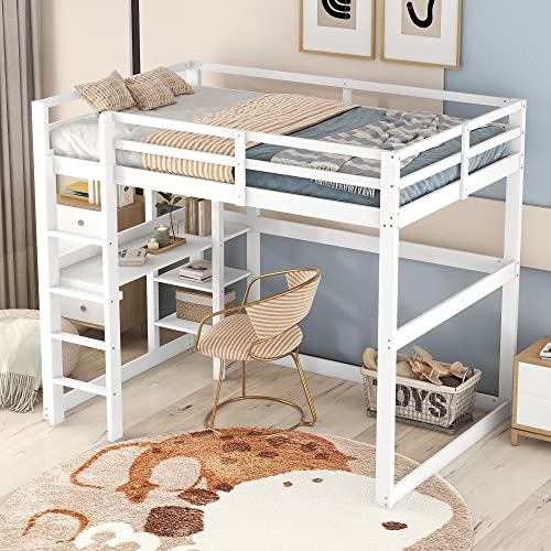 Moimhear Kinderbett Hochbett Bettgestell mit Stauraum, komplett aus Kiefer, mit 4 Ablagefächern und Einer Schreibtischplatte, weiß, 140 X 200 cm