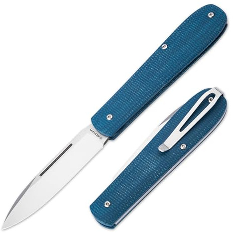 BÖKER SOLINGEN® Coffin Denim Micarta - EDC Taschenmesser blau 42a konform - Klapp-Messer mit Clip - Slipjoint Messer mit extra scharfer 8 cm Droppoint Klinge - Zweihandmesser mit 90 Grad Stop & Etui