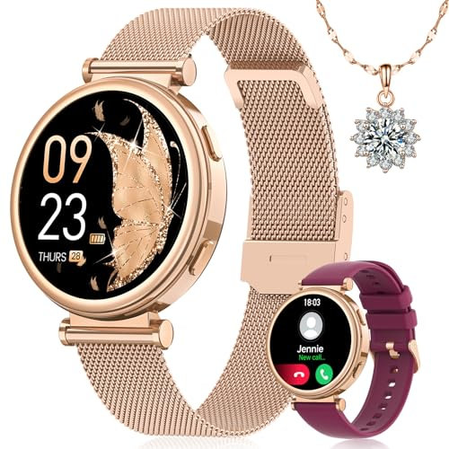 SWGOTA Montre Connectée Femme 1000 amh, Smartwatch avec Appel Fonction Féminine/Fréquence Cardiaque/Sommeil/SpO2, 120+ Modes Sport, Montre Connectée Ronde Podometre IP68 Android iOS, Champagne