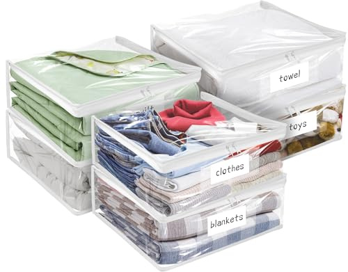 Plastic Storage Bags with Easy-Glide Zipper, Pack of 6, Durable Clear Vinyl Zippered Storage Bags for Clothes Sweaters Comforters Blankets Sheets Bedding (15.7 x 13.8 x 3.9 Inch)