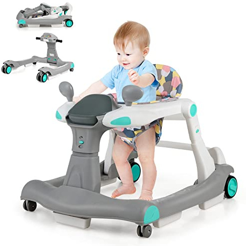 GOPLUS 2-i-1 vikbar gåhjälp, höjdjusterbar gåvagn med ljus, musik och justerbar hastighet, baby walker med ljudlösa hjul för barn 6–18 månader (grå)