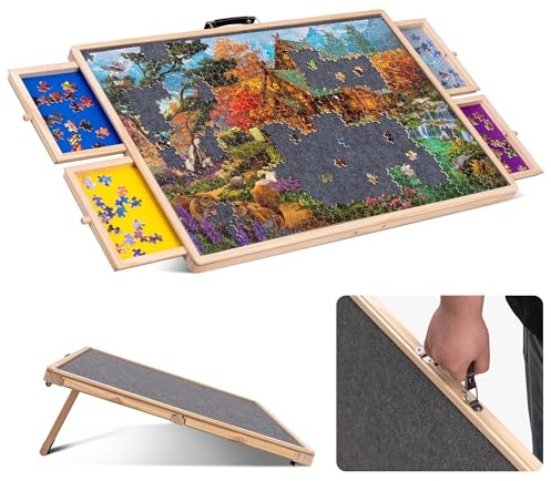 Lavievert Puzzle girevole da 1000 pezzi con 4 cassetti di scorrimento, tavolo puzzle ribaltabile con copertura, altopiano puzzle in legno con tavolo antiscivolo per adulti