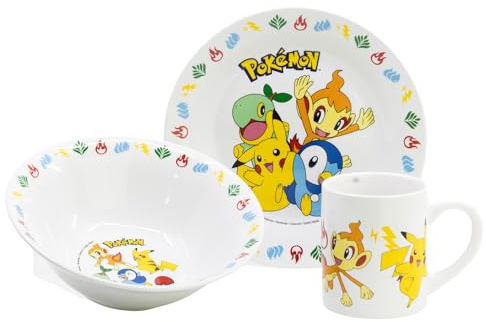 STOR Set Vaisselle Enfant Pokémon - Assiette, Bol et Tasse en Céramique - Coffret Repas Complet Cadeau pour Enfants