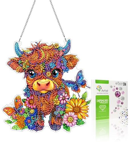 VAIIEYO Cow Diamond Painting Hanging Ornament, Window Hanging Kit with Chain, Special Shaped Crystal Pendant Animal Diamond Art Craft for Gift Home Wall Front Door Garden Decoration