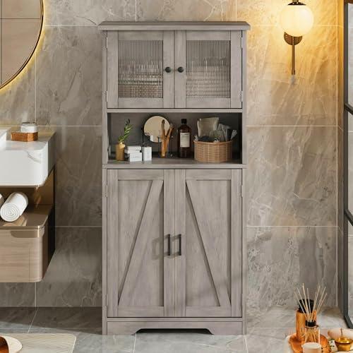 Litake 130cm Badezimmerschrank mit 4 Türen - Badezimmerschränke mit verstellbarem Einlegeboden Badezimmerschrank mit 4 Fächer Hochschrank Badezimmer für Badezimmer Wohnzimmer Küche Esszimm (Grau)