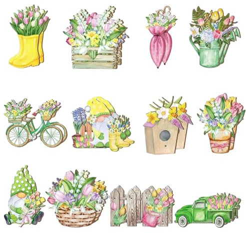 SSKHE 12 Stück Holz Deko Frühling,Frühlingsdeko Anhänger, Hängedeko zum,Deko Frühling für Türen, Fenstern,Gärten(Tulpen), Höfe,Feiertage,Hochzeit,Umzug,Party