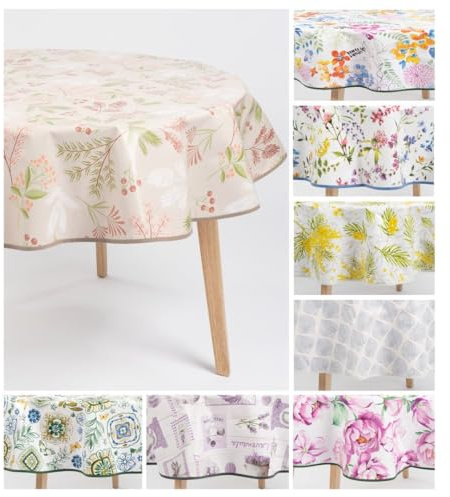 laro Ø 160 cm Premium Line Sommerblumen Bunt Hell Tischdecke rund - PVC Kunststoff - Wasserdicht & abwischbar, Muster:Beerenzweig Natur Creme, Größe: Rund 160cm