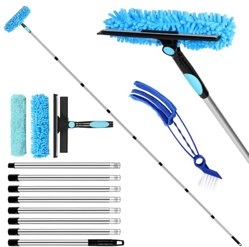 10.5Ft(3.2m）Window Cleaning Equipment, Window Squeegee Cleaner Kit with Extension Pole, Venetian Blind Brush and 3Pcs Microfiber Scrubber Washing Kit for Home, Shower Glass, Car, RV Blue