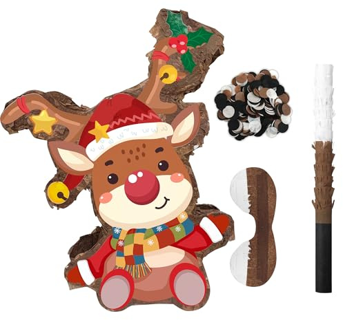 Piñata de Noël Cerf, Ensemble de Piñata de Cerf 15,1'' - Masque de Piñata de Noel et Bâton de Piñata de Noel, etc. Décorations de Noël pour Fête de Noel