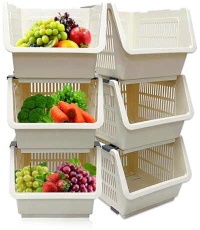 Stackable Kitchen Storage Baskets – Plastic Vegetable Wheel Containers with Ventilation – Multi-Purpose Organiser for Fruits, Vegetables, Bathroom & Living Room – Space-Saving Design