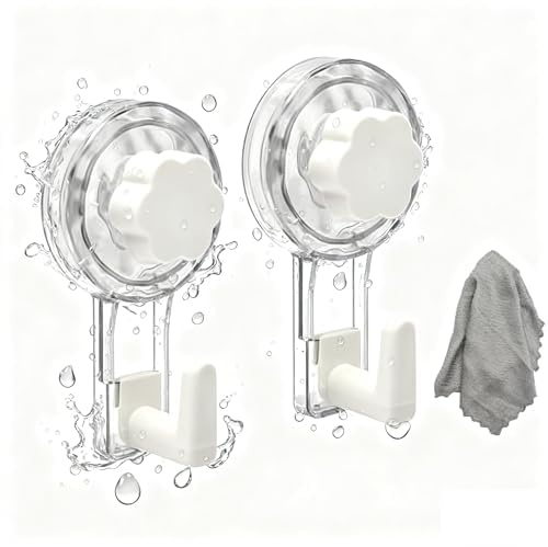TMZELOA 2 Ganci Ventose con Gancio Senza Fori, Ganci a Ventosa Super Resistenti 65mm Trasparenti, Gancio Ventosa Riutilizzabile con Panno Incluso per Ganci Ventosa Bagno Extra Forte, Doccia