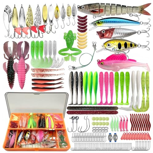Angelköder Set mit - Professionelles Angelzubehör mit Köderbox, Inkl. Gummifische, Spinner Angeln, Hecht Köder & Forellenköder für Süß- Ideal als Angelset für Anfänger und Experten (193)