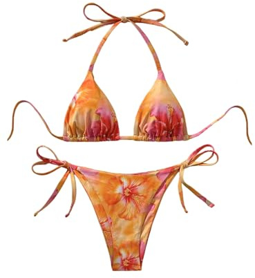 GORGLITTER Triangel Bikini Damen Set High Waist Sexy Bikini Mit Tanga Set Brazilian Style Badeanzug Mit Blumen Bademode Swimsuit