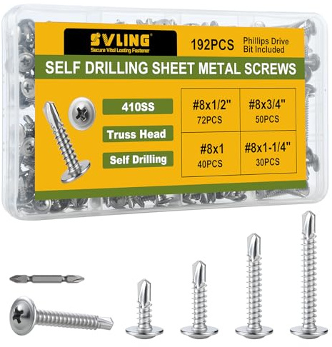 SVLING Self Tapping Screws Assortment Kit 192PCS, Modified Truss Head Sheet Metal Screws #8 x 1/2,3/4,1,1-1/4, Stainless Steel 410 Self Drilling Screw for Metal Wood Plastic